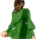 Ruffle Long Sleeve High Waist A-Line Silhouette Dress